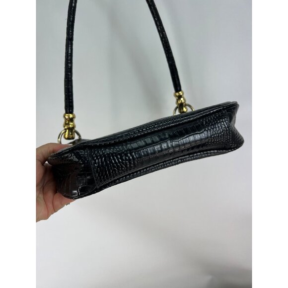 Black Croc Embossed Shoulder Bag With Gold Alligator Detail By Bueno - Picture 3 of 11